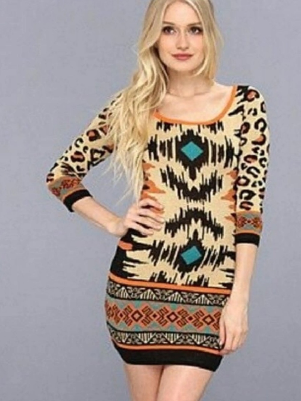 Flying Tomato Beige Mini Dress with Black Orange Tan Aztec Animal Print Designer